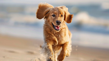 A playful dog running on the beach, ears flapping in the wind and a joyful expression on its face.の素材