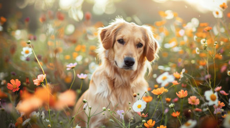 An adorable dog sitting in a flower field, with flowers gently brushing its fur.の素材