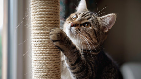 A tubby cat attempting to climb a scratching post, showing determination despite its size.の素材