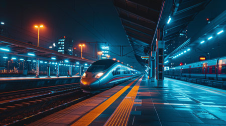 A high-speed train station at night, with the train illuminated and ready for departure.の素材