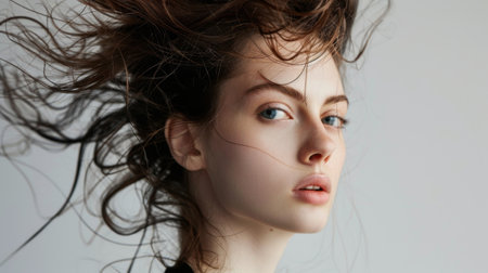 A female model with a high-fashion hairstyle, featuring avant-garde shapes and texturesの素材