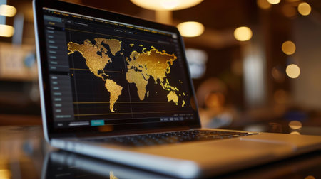 A laptop screen showing a radar chart evaluating geopolitical factors influencing gold pricesの素材