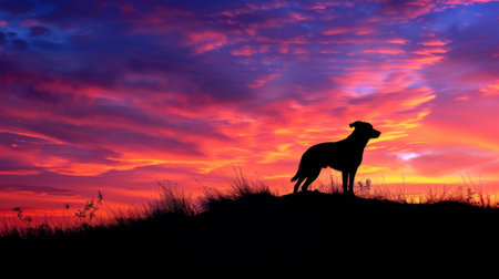The silhouette of a dog standing on a hill, with a colorful sunset in the background.の素材