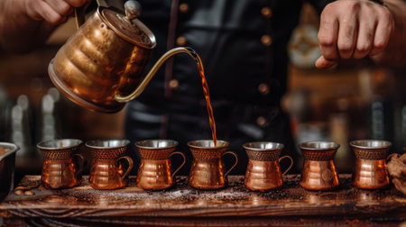 A barista preparing a traditional Turkish coffee in a copper cezve, pouring it into small cupsの素材