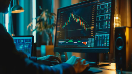 A person using a desktop computer to monitor real-time gold futures prices and market fluctuationsの素材