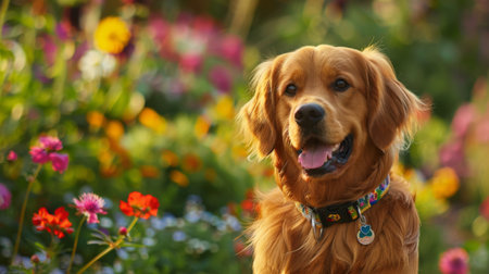 A charming dog with a colorful collar, posing in front of a beautiful flower garden.の素材