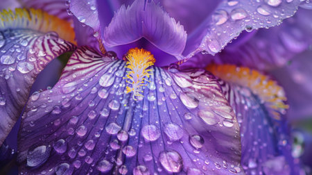 Close-up of dewdrops on the petals of a purple iris, highlighting its intricate detailsの素材