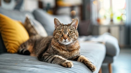 An elegant cat lying on a stylish sofa, surrounded by modern furniture and decor.の素材