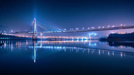 A panoramic view of a modern suspension bridge at night, with city lights reflecting on the calm river surfaceの素材