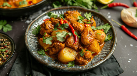 A plate of spicy chicken vindaloo curry with potatoes, garnished with sliced red chilies and corianderの素材