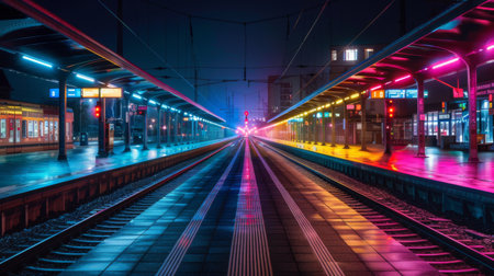 A railway station at night, with colorful lights and a train approaching the platform aの素材