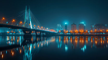 A panoramic view of a modern suspension bridge at night, with city lights reflecting on the calm river surfaceの素材