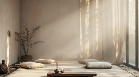 A serene meditation room in minimalist design with floor cushions, incense burner, and calming decorの素材