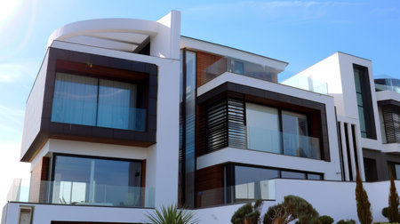 A minimalist modern house exterior with clean lines, large windows, and a sleek white facade against a clear blue skyの素材