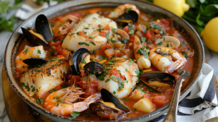 A seafood cioppino with a mix of fish, shrimp, clams, and mussels in a tomato-based brothの素材