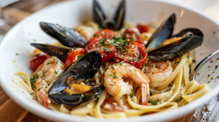 A seafood pasta dish with linguine, shrimp, mussels, and cherry tomatoes in a white wine garlic sauceの素材