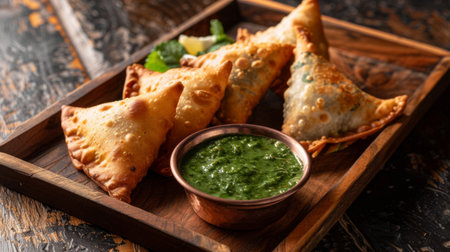 A plate of vegetable samosas with tamarind chutney and mint yogurt dip on a wooden serving trayの素材