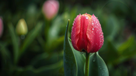 Fresh raindrops on a budding tulip flower, signaling the arrival of springの素材