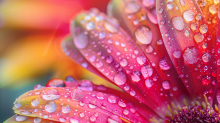 Macro shot of raindrops on the petals of a gerbera daisy, vibrant and colorfulの素材