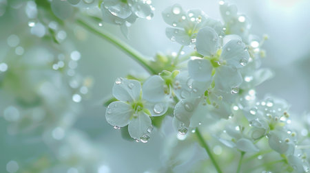 Fresh dewdrops on the tiny white flowers of a baby's breath plant, delicate and etherealの素材