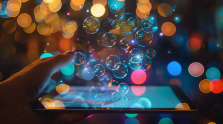 A hand holding a tablet displaying a bubble chart comparing industry trends over the past decadeの素材