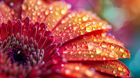 Macro shot of raindrops on the petals of a gerbera daisy, vibrant and colorfulの素材