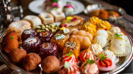 A platter of assorted Indian sweets including gulab jamun, rasgulla, and barfi, served for a festive occasionの素材