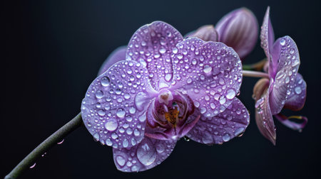 Water droplets on a delicate orchid bloom, showcasing its elegance and fragile beautyの素材