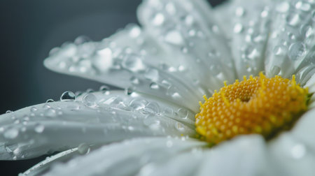 Water droplets on a daisy's white petals, enhancing its purity and freshnessの素材