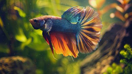 A Betta fish flaring its vibrant fins while swimming against a backdrop of aquatic plants.の素材
