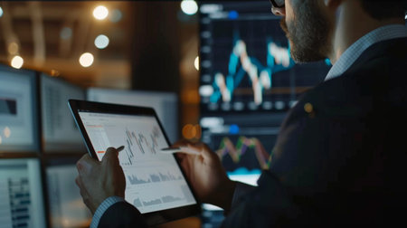A businessman analyzing stock market data on a digital tablet in a modern office setting.の素材