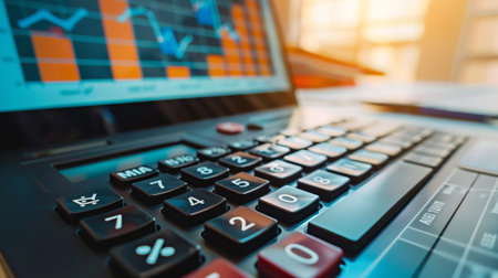 A close-up of a calculator with financial graphs on a laptop screen, emphasizing financial planning.の素材