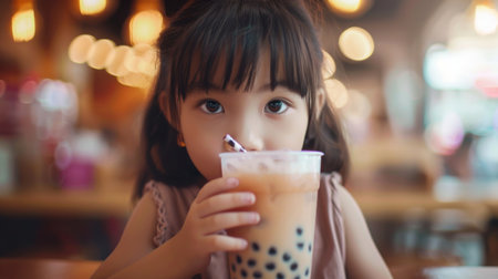 A child eagerly sipping on a bubble tea with wide eyes, enjoying the sweet treat.の素材
