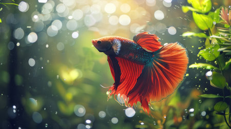 A Betta fish in a tranquil aquatic environment, with green plants and bubbles enhancing its natural beauty.の素材