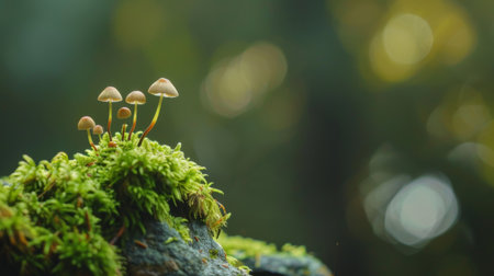 A close-up of a small mushroom family growing on a moss-covered rock.の素材