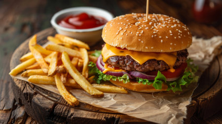 A classic cheeseburger served on a rustic wooden table with golden french fries and a side of ketchup.の素材