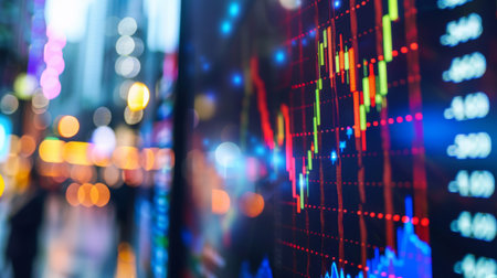 A close-up of a stock market trading screen displaying fluctuating graphs and charts of various stocks.の素材