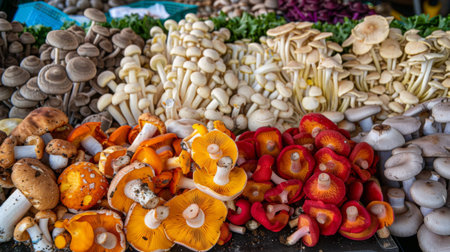 A colorful assortment of mushrooms laid out at a farmer's market stall.の素材