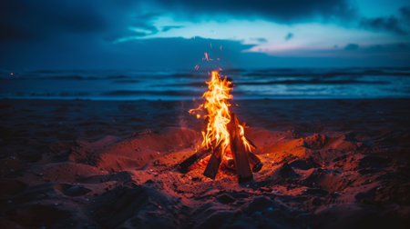 A bonfire blazing on a beach at night, casting flickering light on sand and wavesの素材