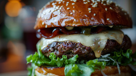 A close-up of a gourmet hamburger with juicy beef patty, fresh lettuce, and melted cheese on a sesame seed bun.の素材