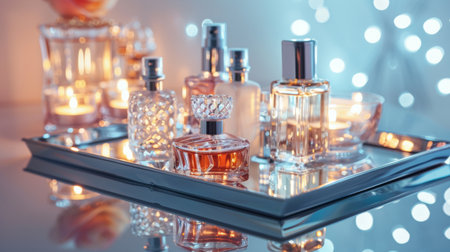 A collection of elegant perfume bottles arranged on a mirrored tray, reflecting soft ambient light in a luxurious setting.の素材