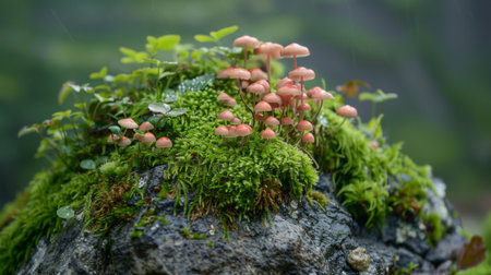 A close-up of a small mushroom family growing on a moss-covered rock.の素材