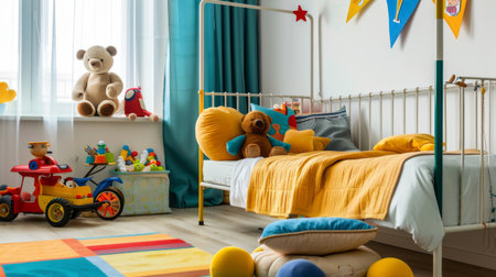 A child's bedroom decorated with colorful toys, vibrant bedding, and a playful theme for a cheerful sleep environment.の素材