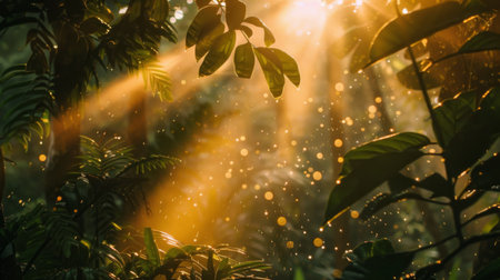 A close-up of sun rays breaking through dense forest trees at sunrise, lighting up morning dew.の素材