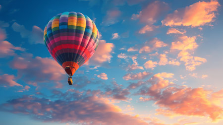 A colorful hot air balloon soaring against the backdrop of a dawn sky, bathed in warm morning light.の素材