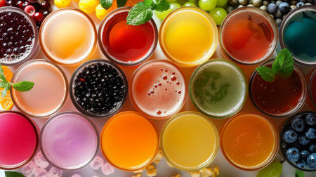 A colorful display of bubble tea ingredients, including tapioca pearls, fruit syrups, and tea leaves.の素材