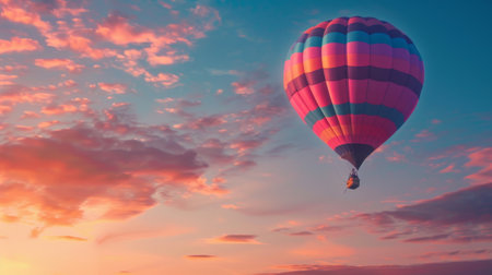 A colorful hot air balloon soaring against the backdrop of a dawn sky, bathed in warm morning light.の素材