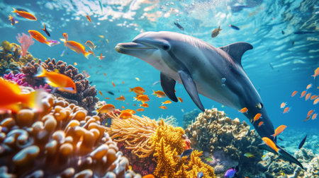 A dolphin swimming near a coral reef, surrounded by colorful fish and vibrant underwater scenery.の素材