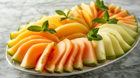 A fruit platter with sliced melon, cantaloupe, and honeydew, garnished with mint leaves for a refreshing treat.の素材