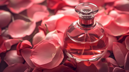 A perfume bottle surrounded by rose petals, showcasing the romantic allure and sensory experience of fragrance.の素材